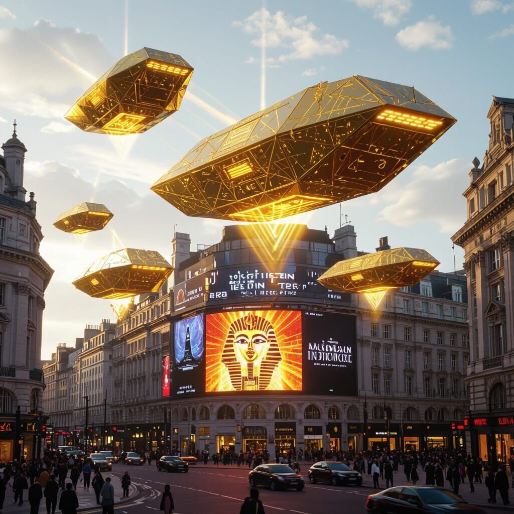 Cyber-Egyptian Solar Barges over Piccadilly Circus