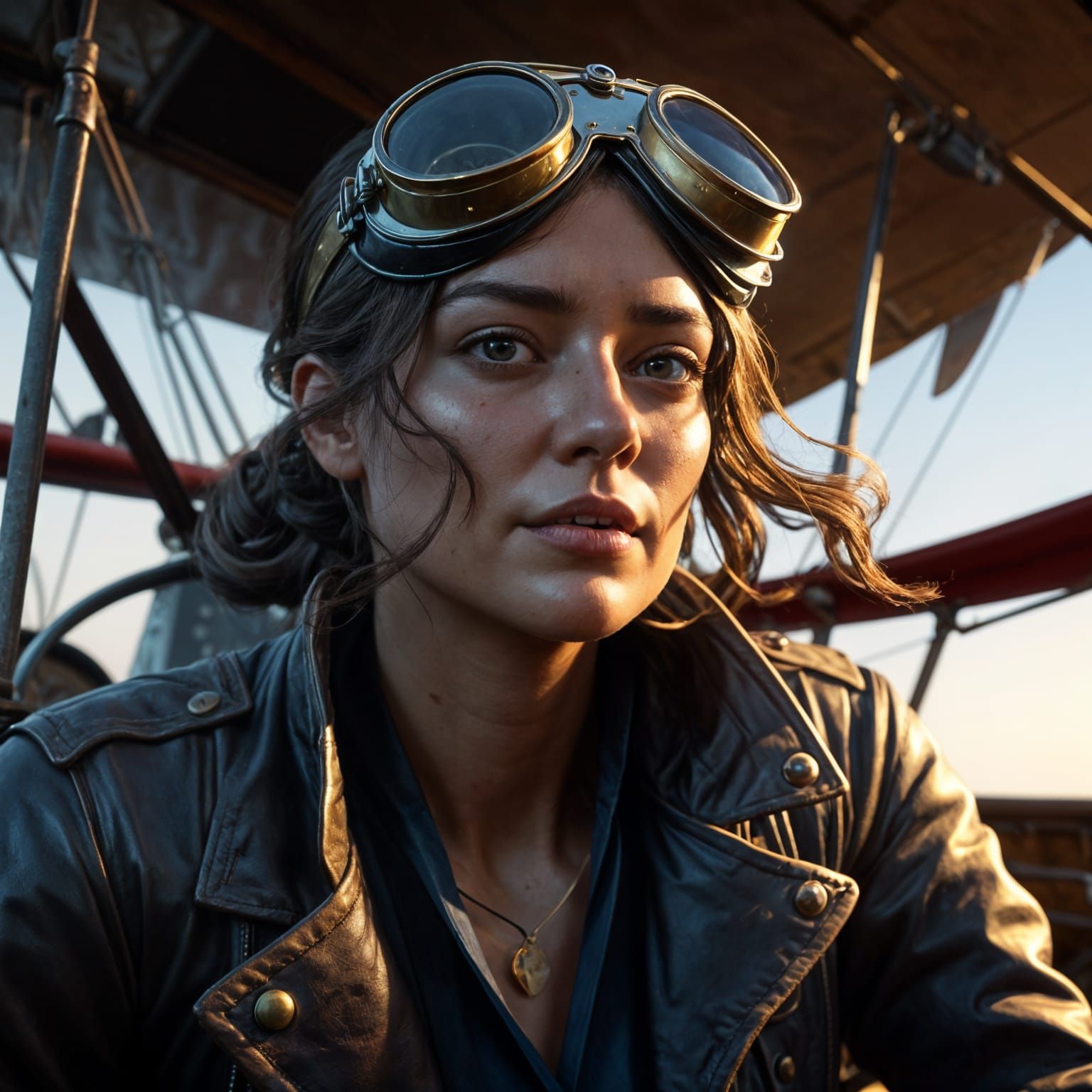 Daring Aviatrix in Vintage Biplane Over 1920s New York City