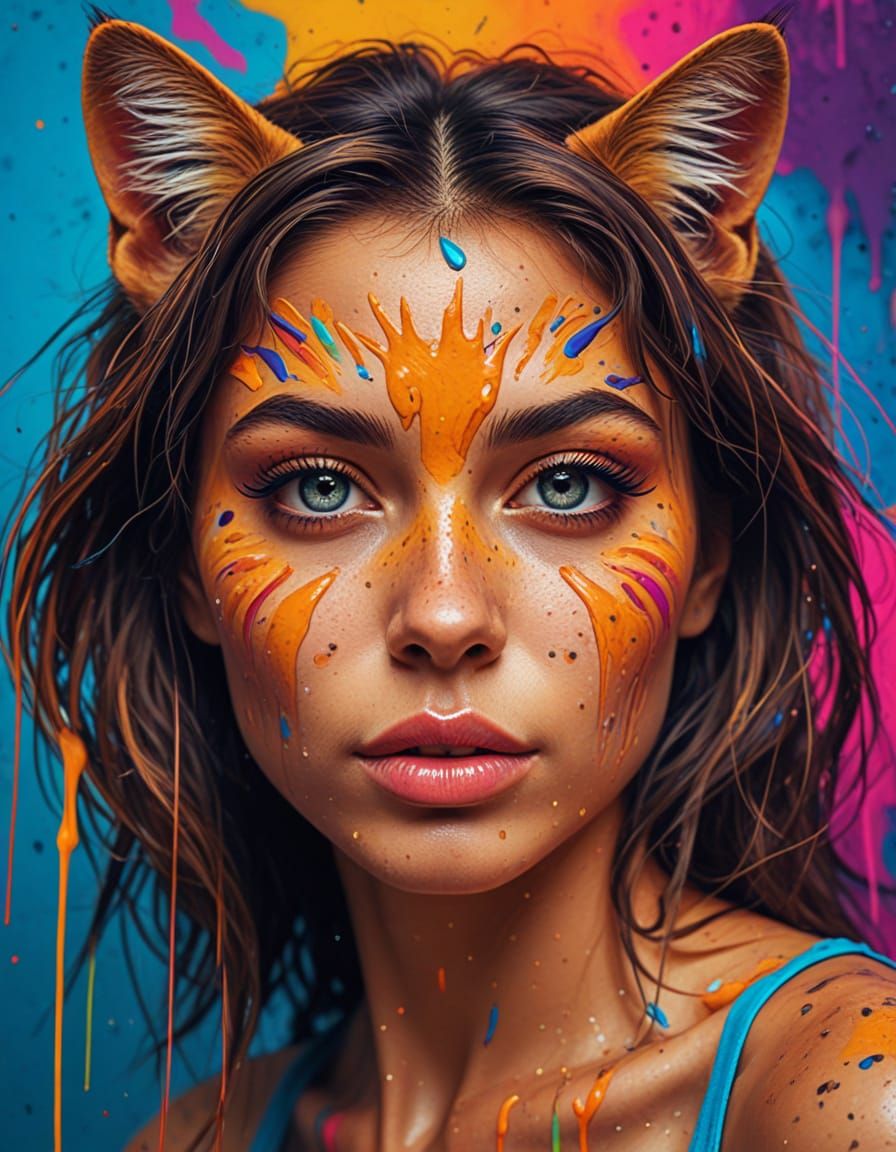 Feline Woman in Vibrant Street Art Style