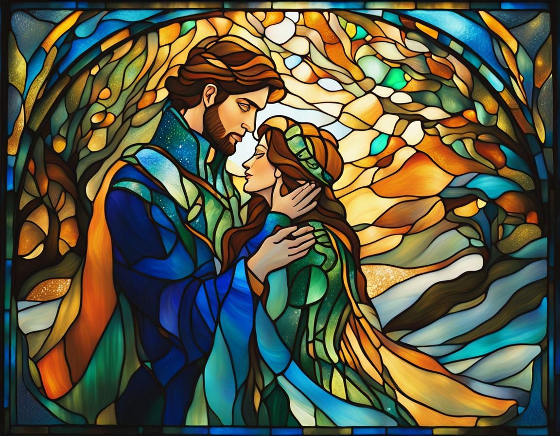Romantic Stained Glass Prince and Princess in Winter