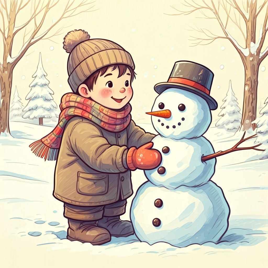 Boy Builds Snowman: Whimsical Pencil Sketch in Pastel
