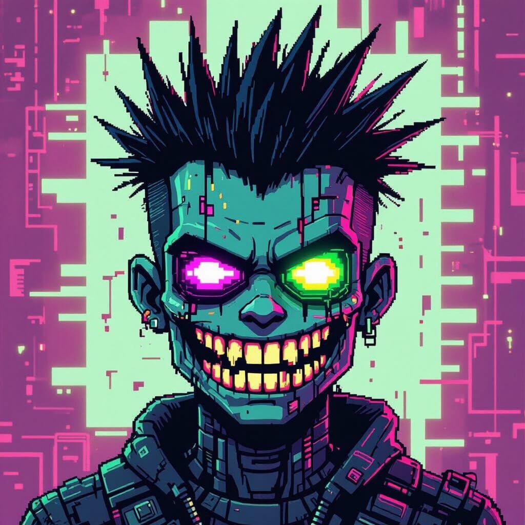 Pixel Art Glitch Gremlin in Cyberpunk Style