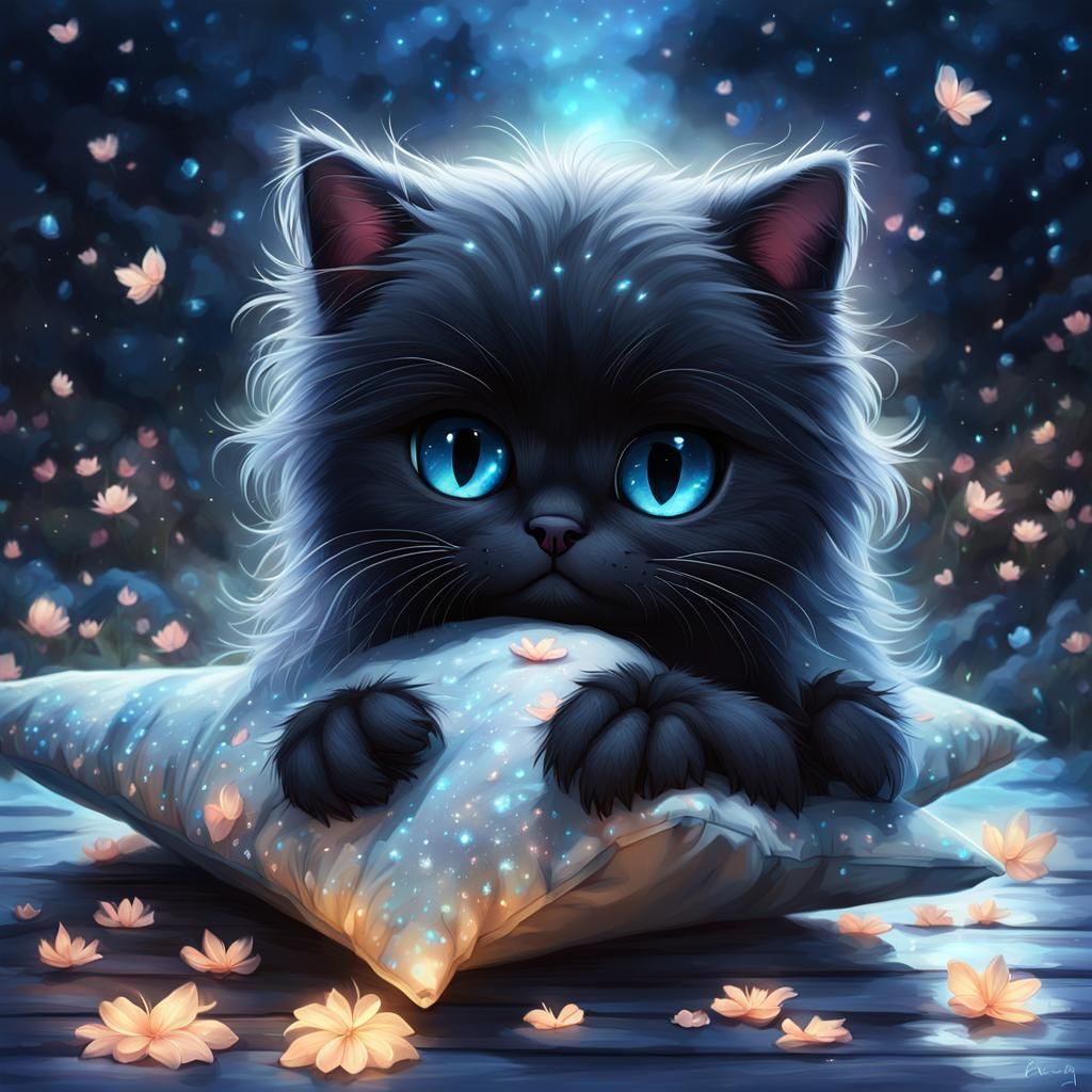 Sad Black Cat with Blue Eyes in Digital Art