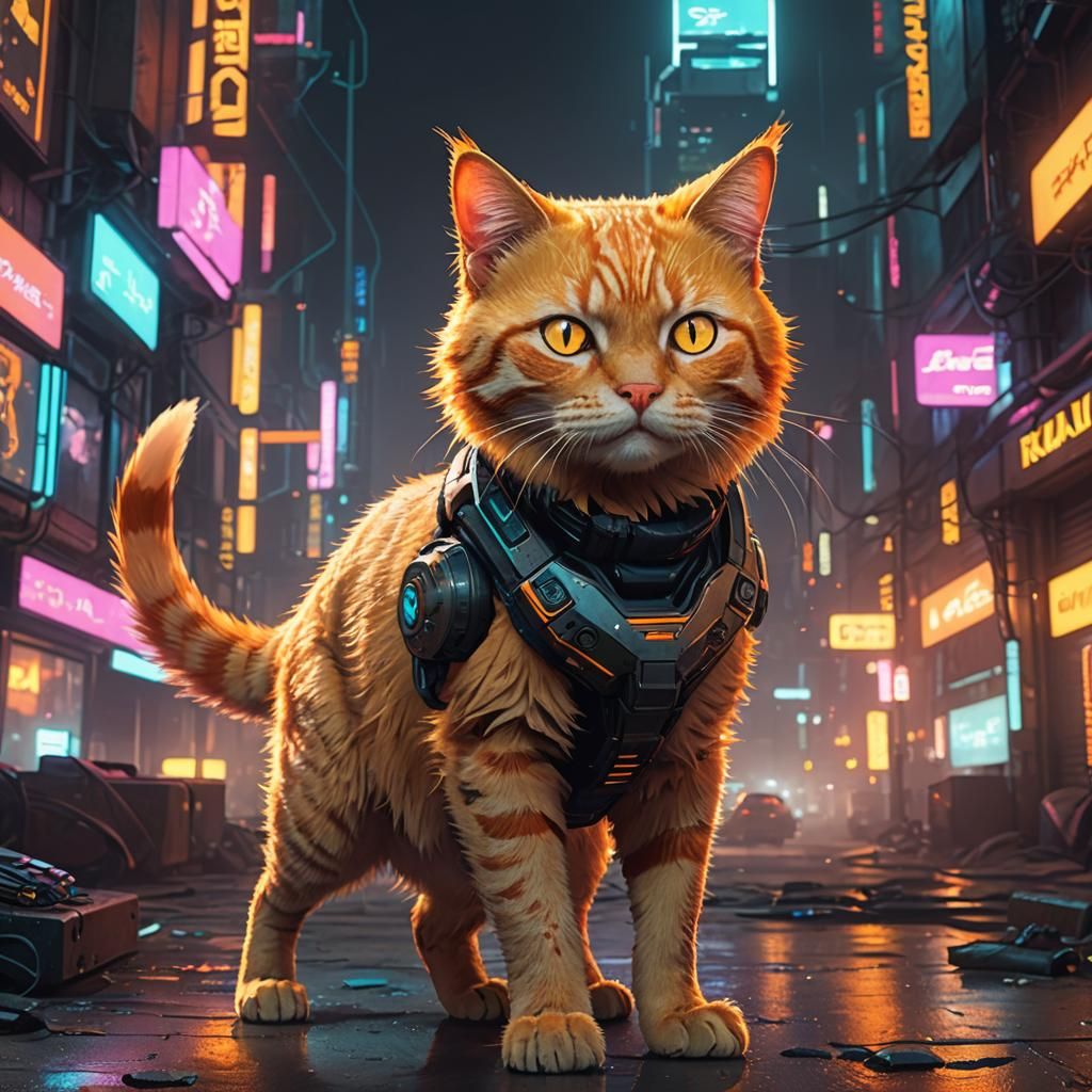 Cyberpunk Tabby Cat in Neon Cityscape