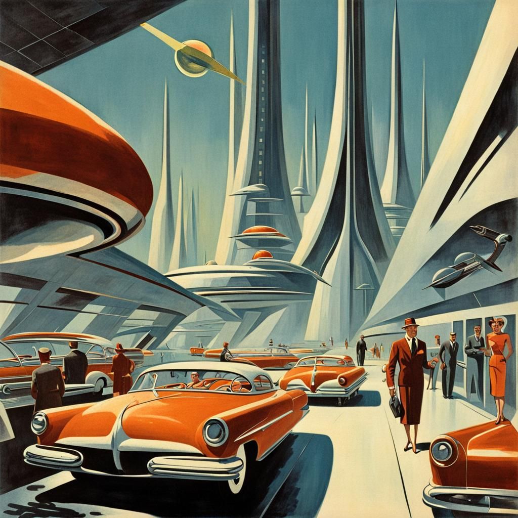 A jet age dream city, retrofuturism, 1950s scifi art, a mast...