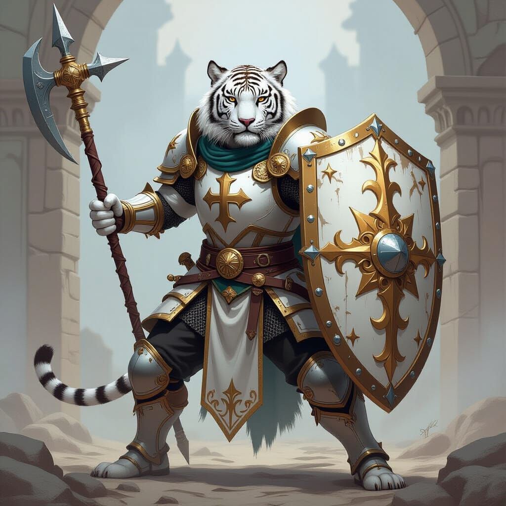 Armored White Tiger Paladin in Fantasy Art Style
