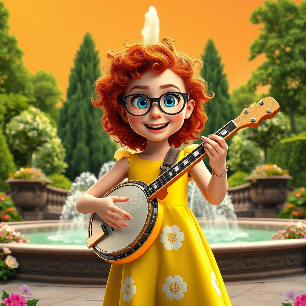 Girl with Banjo in Park: Pixar-Style Digital Art