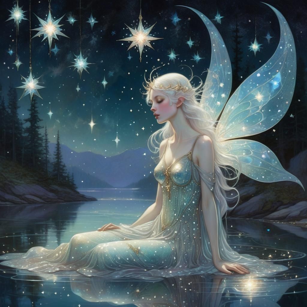 Opalescent Starlight Figure Above Moonlit Lake