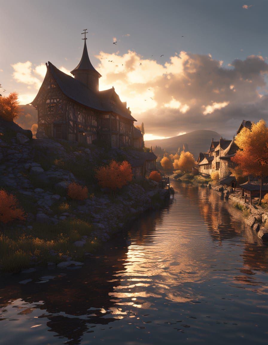 Cinematic Autumn Village Digital Painting