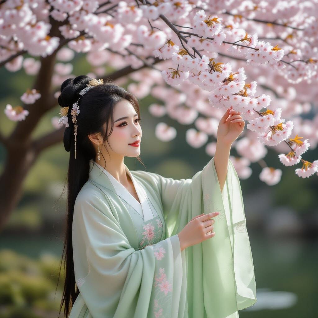 Chinese Woman Beneath Cherry Tree in Tang Dynasty
