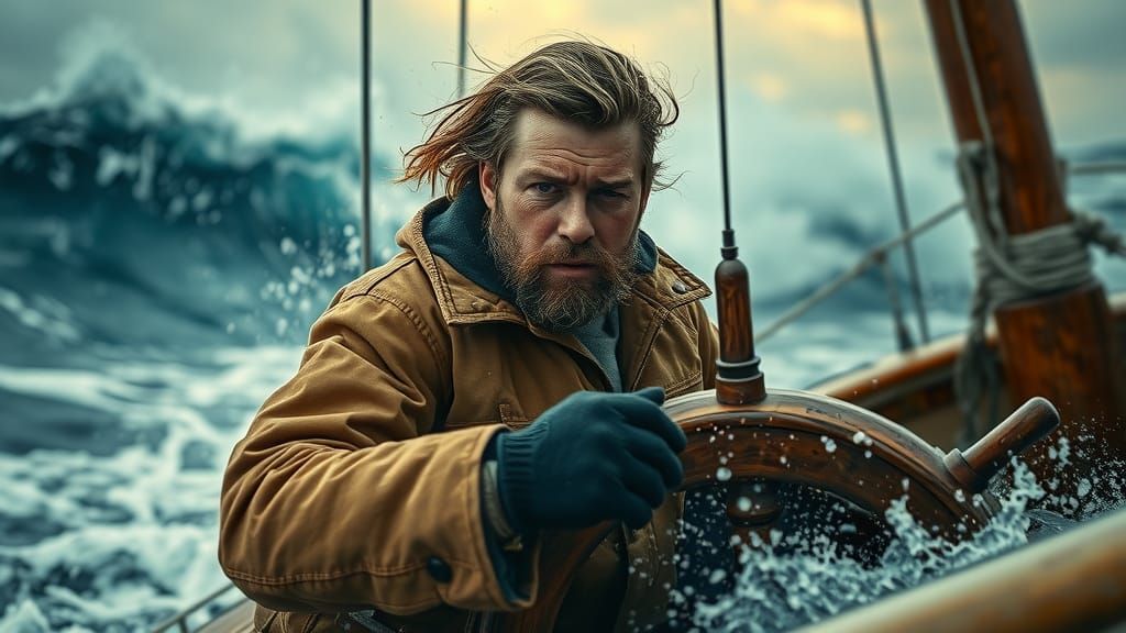 Sailor Navigating Stormy Seas: A Cinematic Film Still