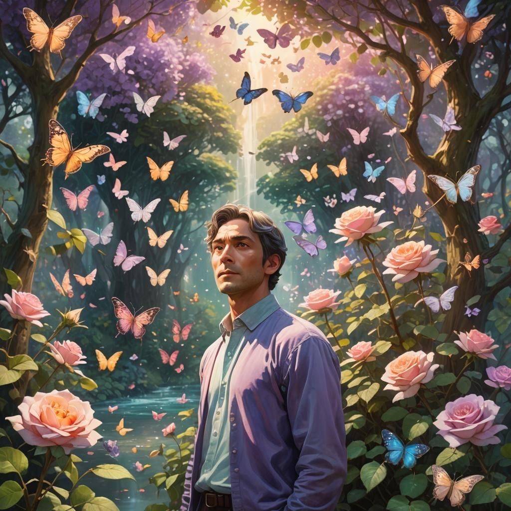 Rose Man in Fantastical Garden, Miyazaki-Inspired Art