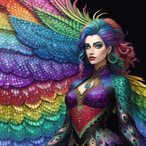 Woman with Rainbow Dragon Scales in Mixed Media