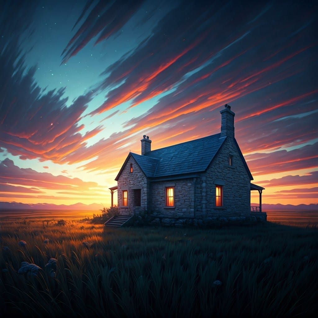 Moonlit Limestone House on the Prairie: Matte Painting