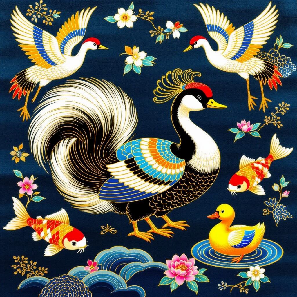 Skunk in Silk Tapestry with Cranes and Koi