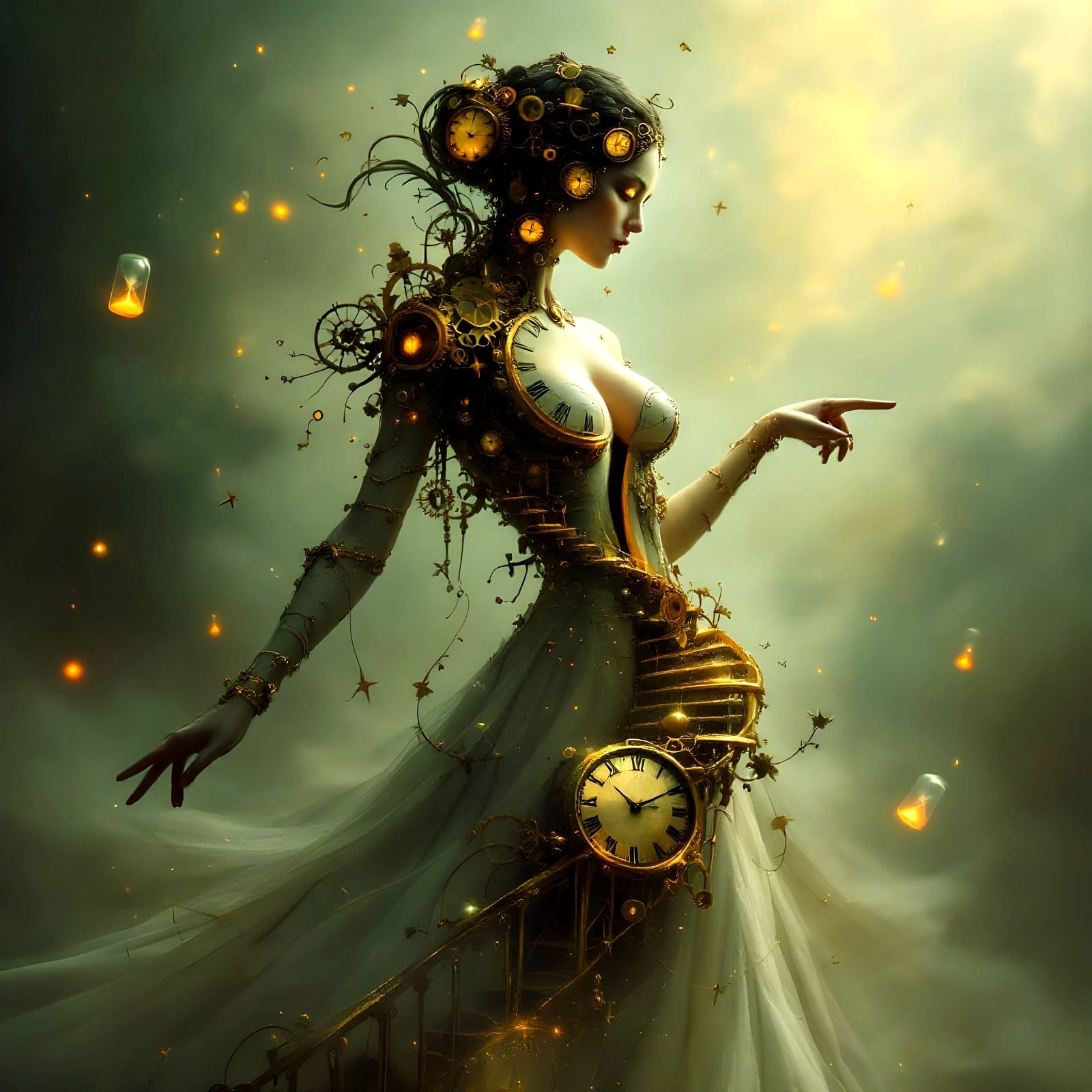 Surreal Woman Made of Clocks in Dreamlike Void