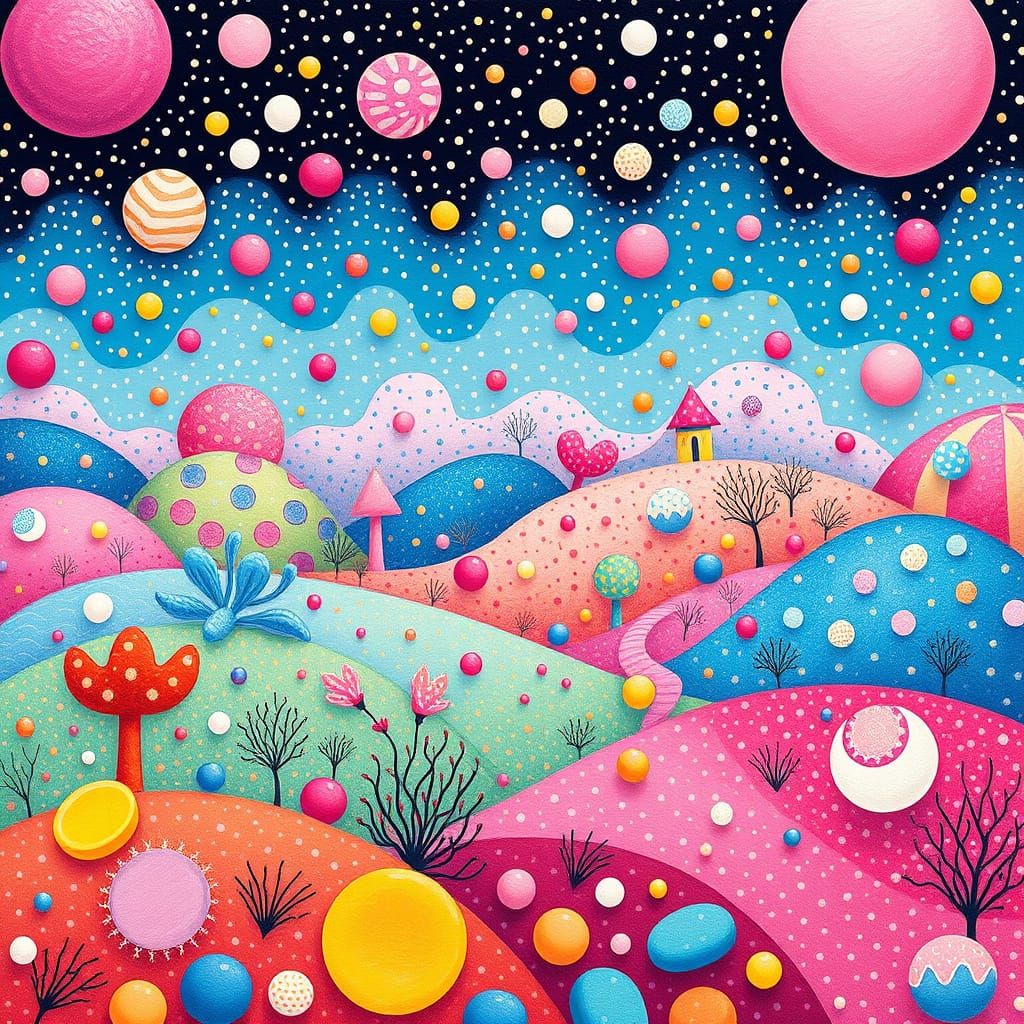 Vibrant Candyland Landscape with Dancing Dots in Gouache Sty...