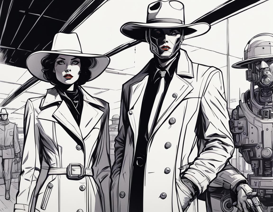 Retro Sci-Fi Cowgirl and Cyborg Illustration