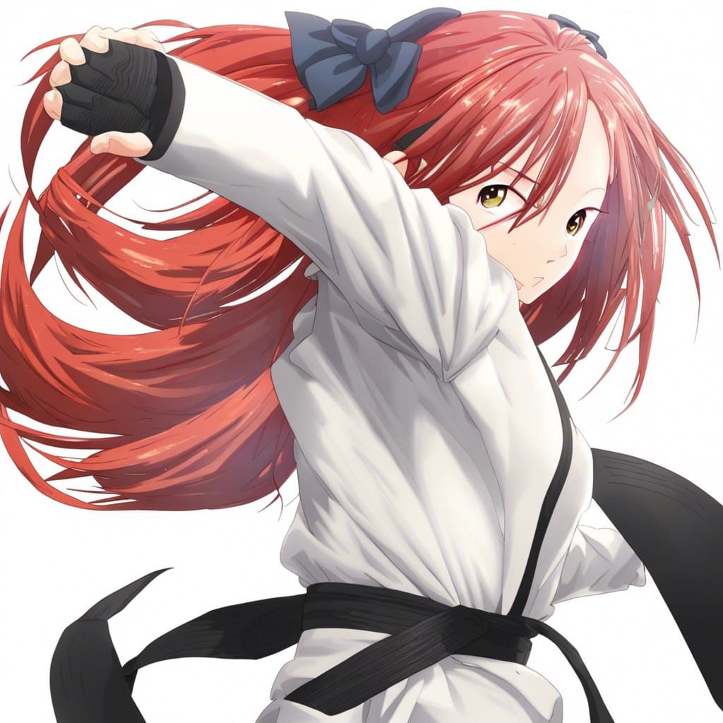 Red-Haired Girl in Anime Style Karate Pose