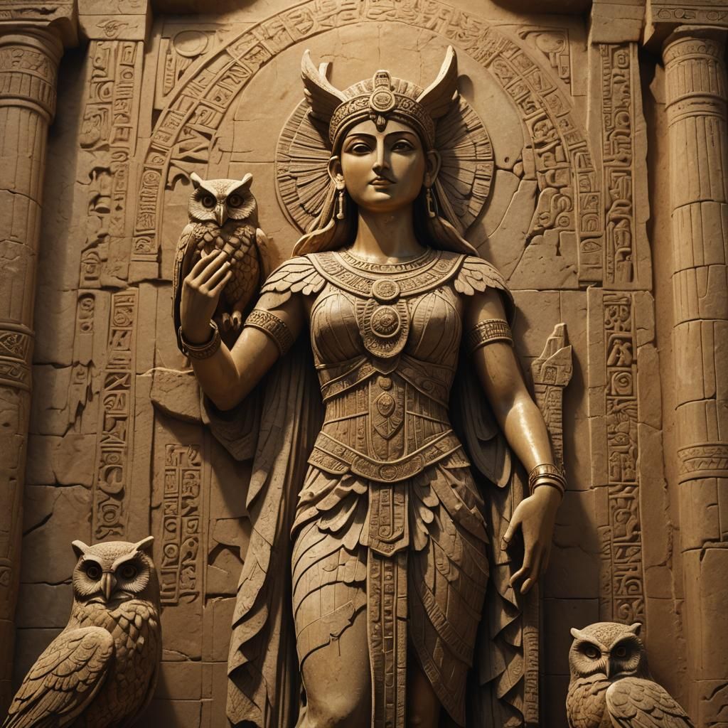 Inanna in Temple Ruins with Owls