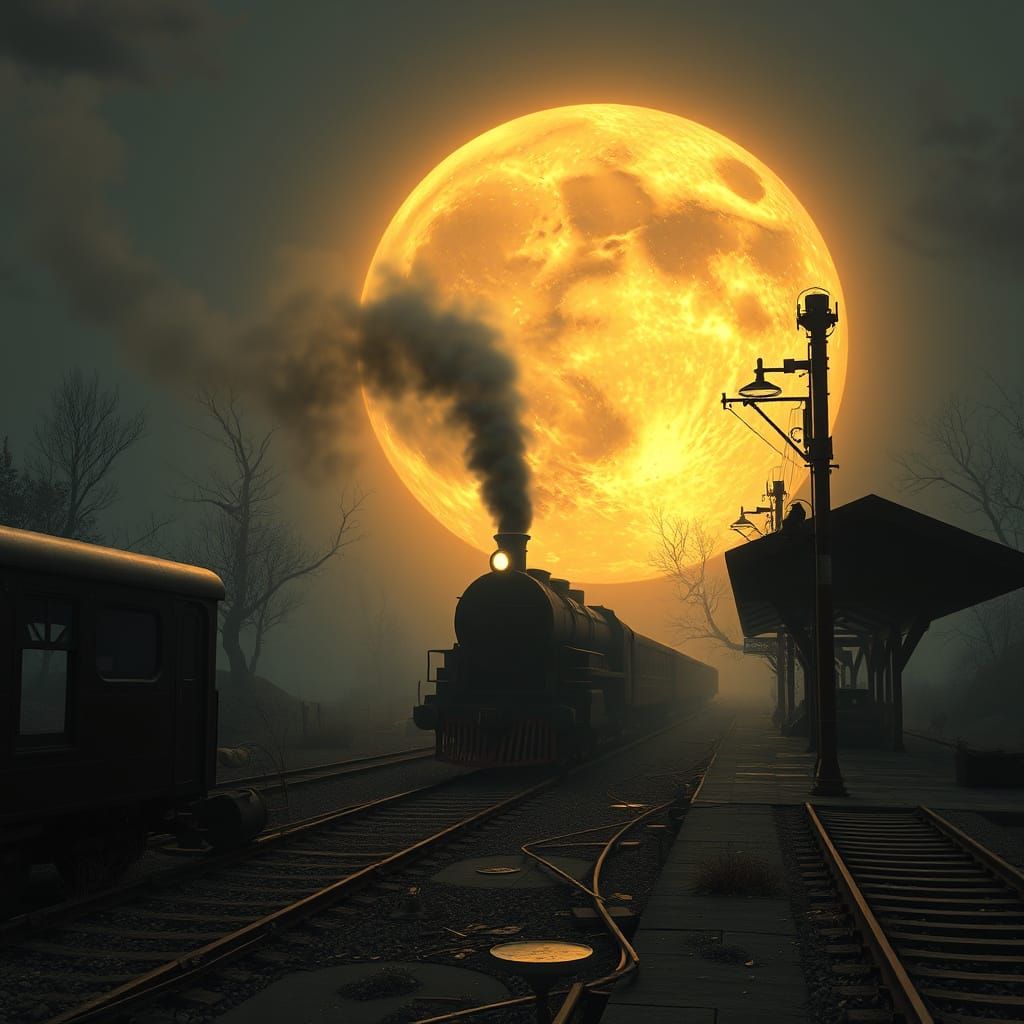 Ethereal Train Emerges Under the Golden Glow of a Colossal B...
