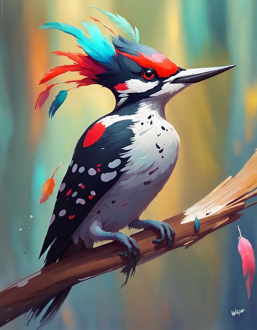 Whimsical Woodpecker in Liquid Gouache Style