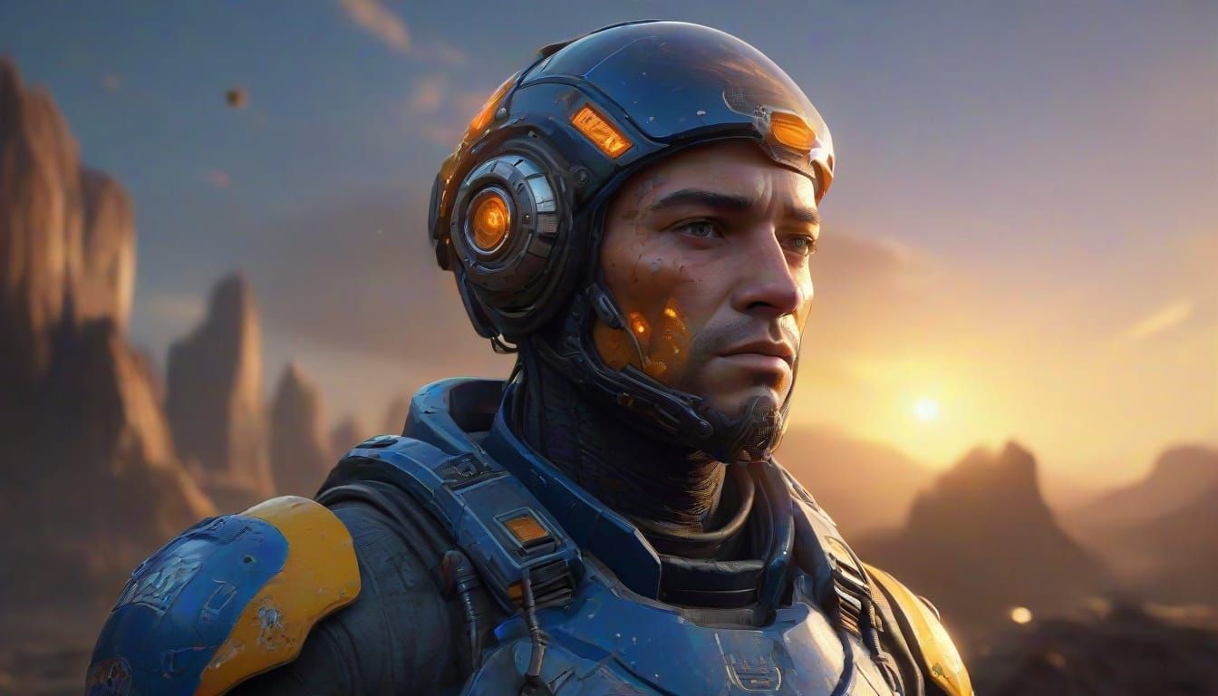 Ethereal Wounded Commander in Desolate Alien Landscape