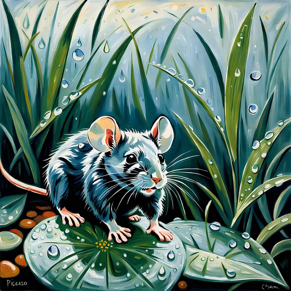 Mouse Reflection in Dewdrops: Cubist-Inspired Art