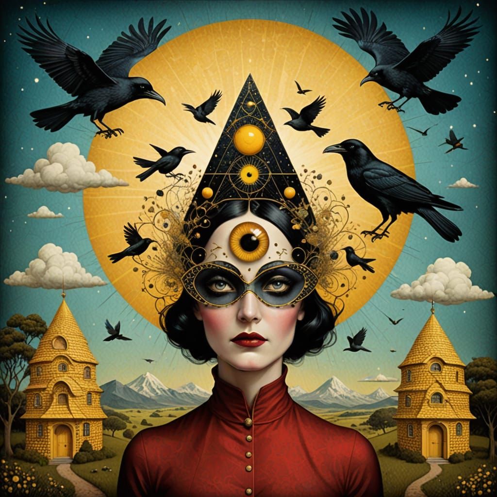 Surreal Pop Art Collage with All Seeing Eye and Honey Hive