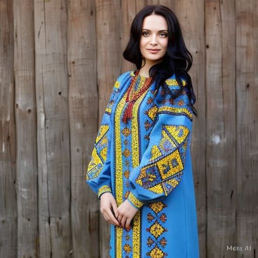 Traditional Ukrainian Woman in Long Embroidered Dress