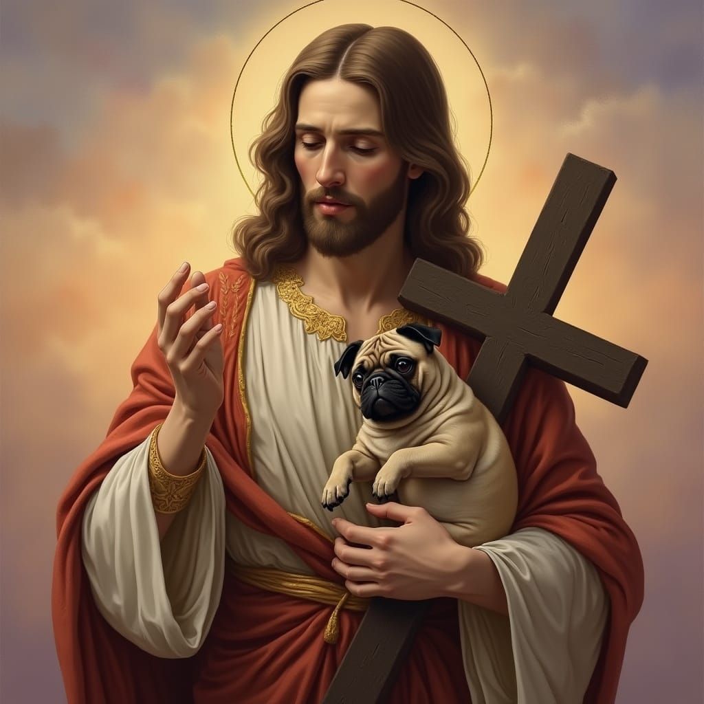 Jesus Christ Holding a Cross and a Pug in Elegant Style