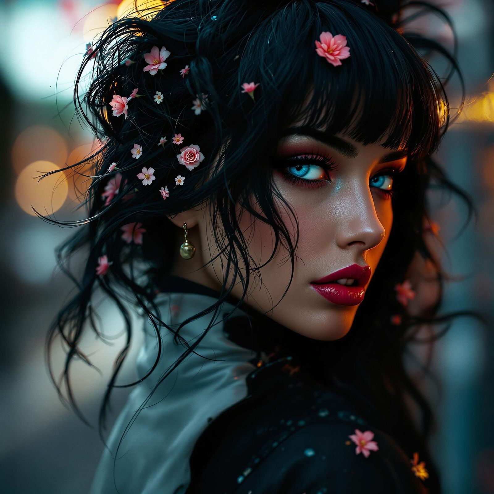 Sultry Dark-haired Woman in Avant-garde Floral Crown