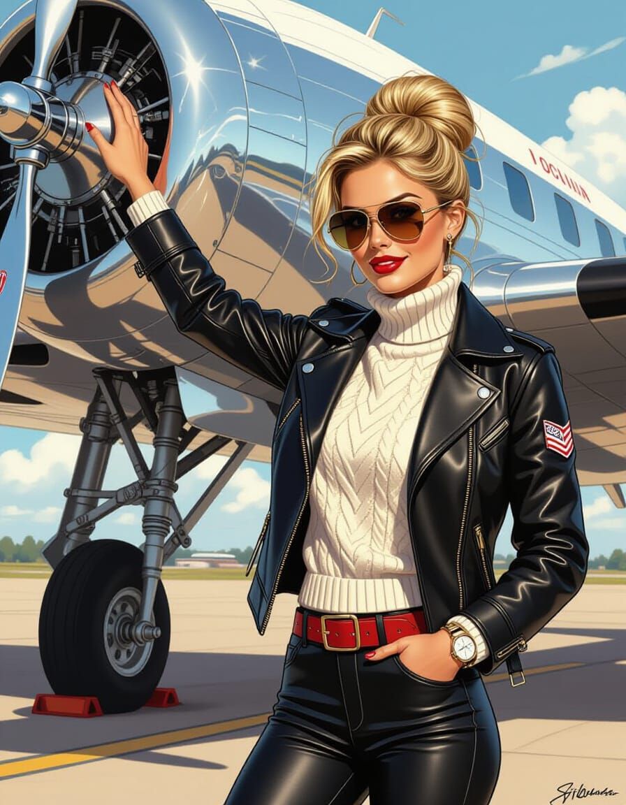 Pilot Under Lockheed Wing: Hand-Drawn Illustration