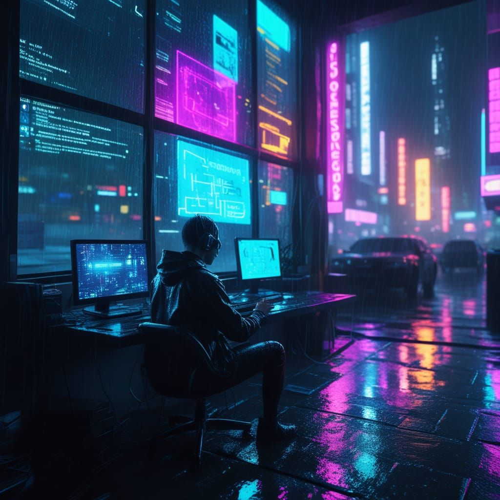 Glowing Neon Cyberpunk Gamer in Darkened Room