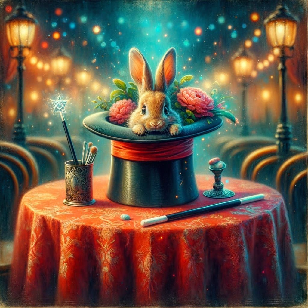 Magician's Table with Bunny in Oil Painting Style