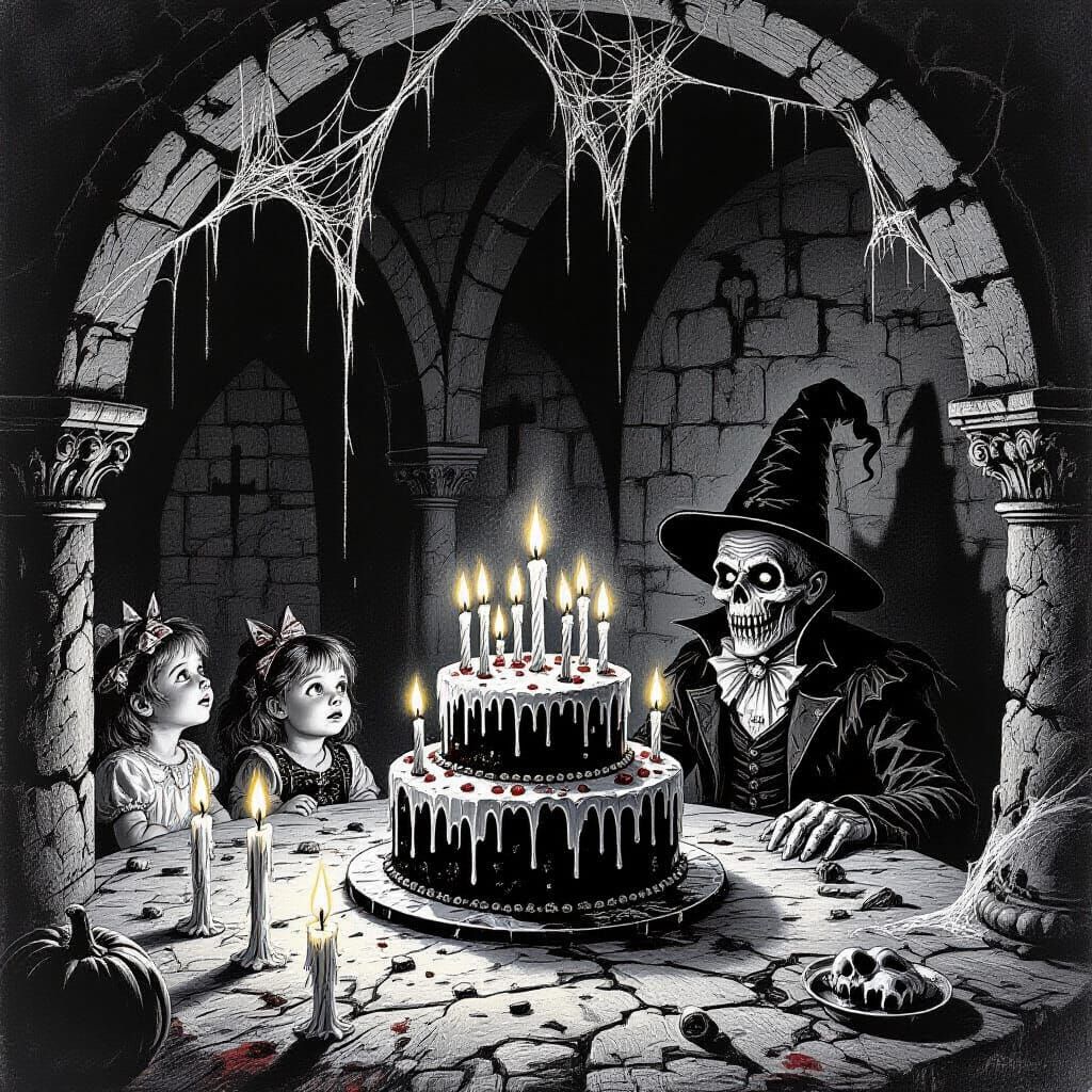 Spooky Crypt Birthday Party in Dark Engraving Style