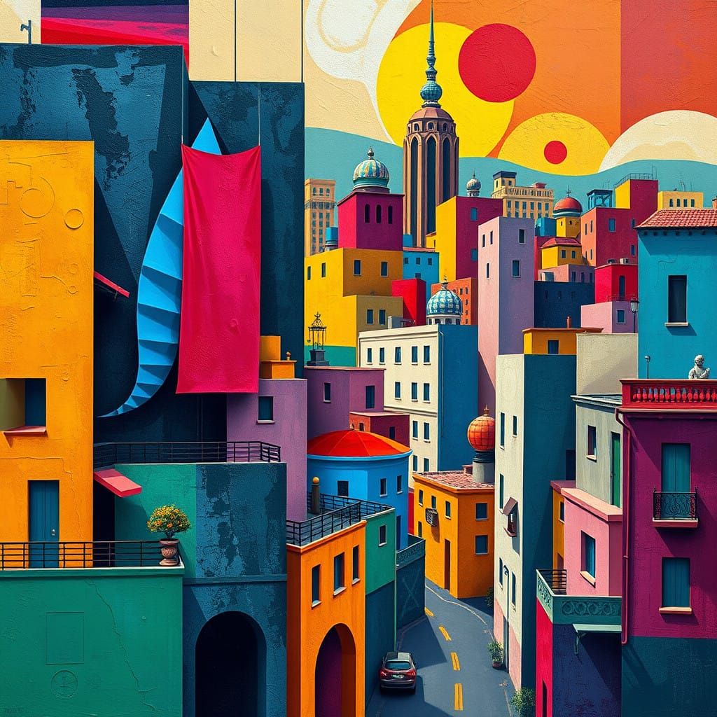 Neo-Cubist Cityscape in Vibrant Geometric Fauvist Style