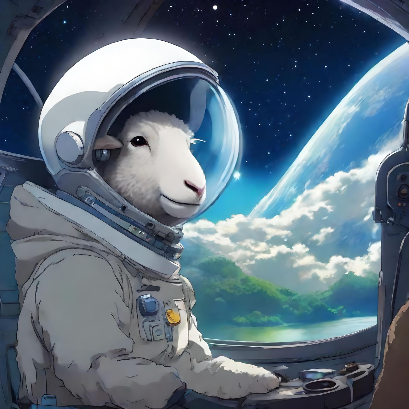 Sheep Astronaut in Anime Style Spaceship