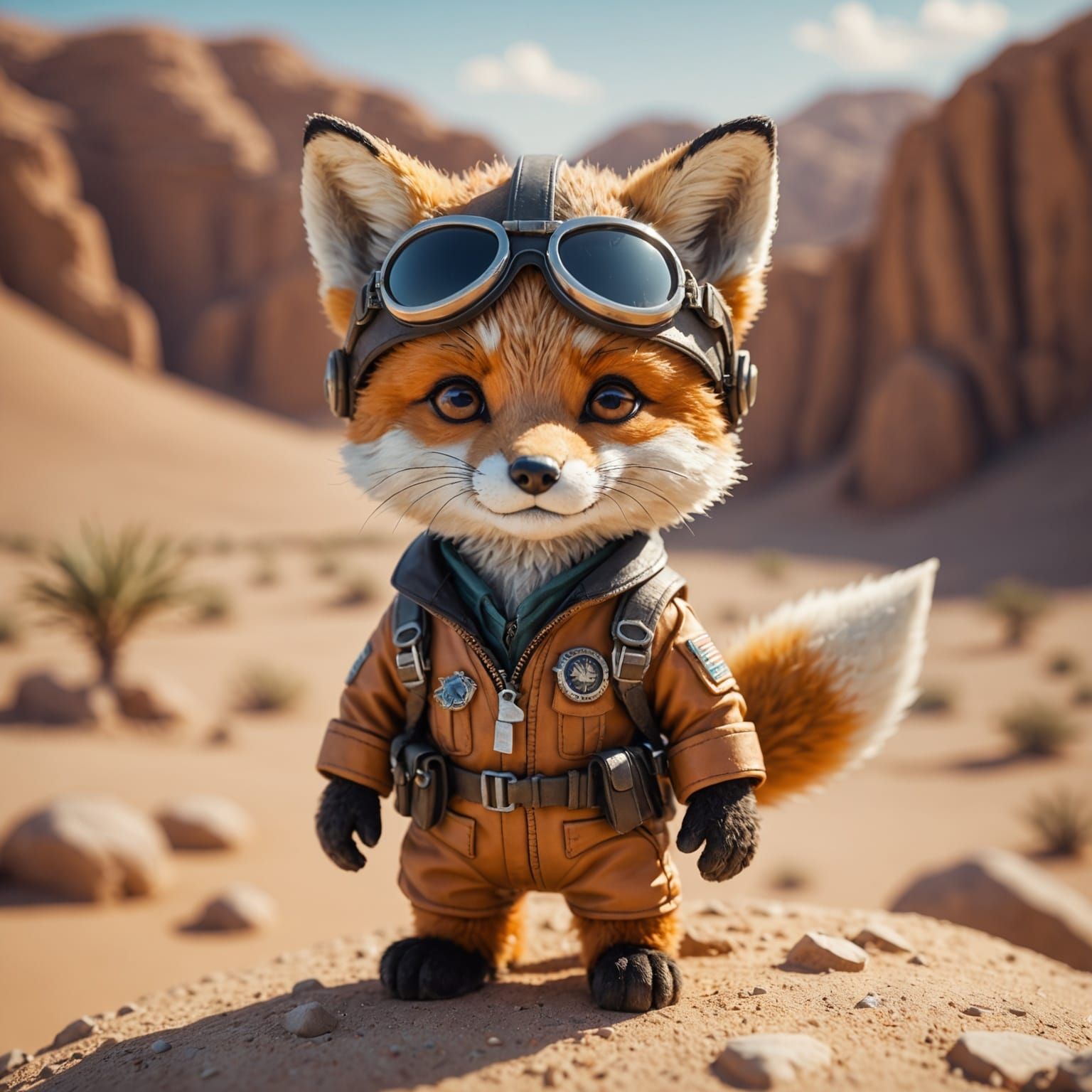 Fox Cub Aviator in Desert Landscape, Detailed Miniature