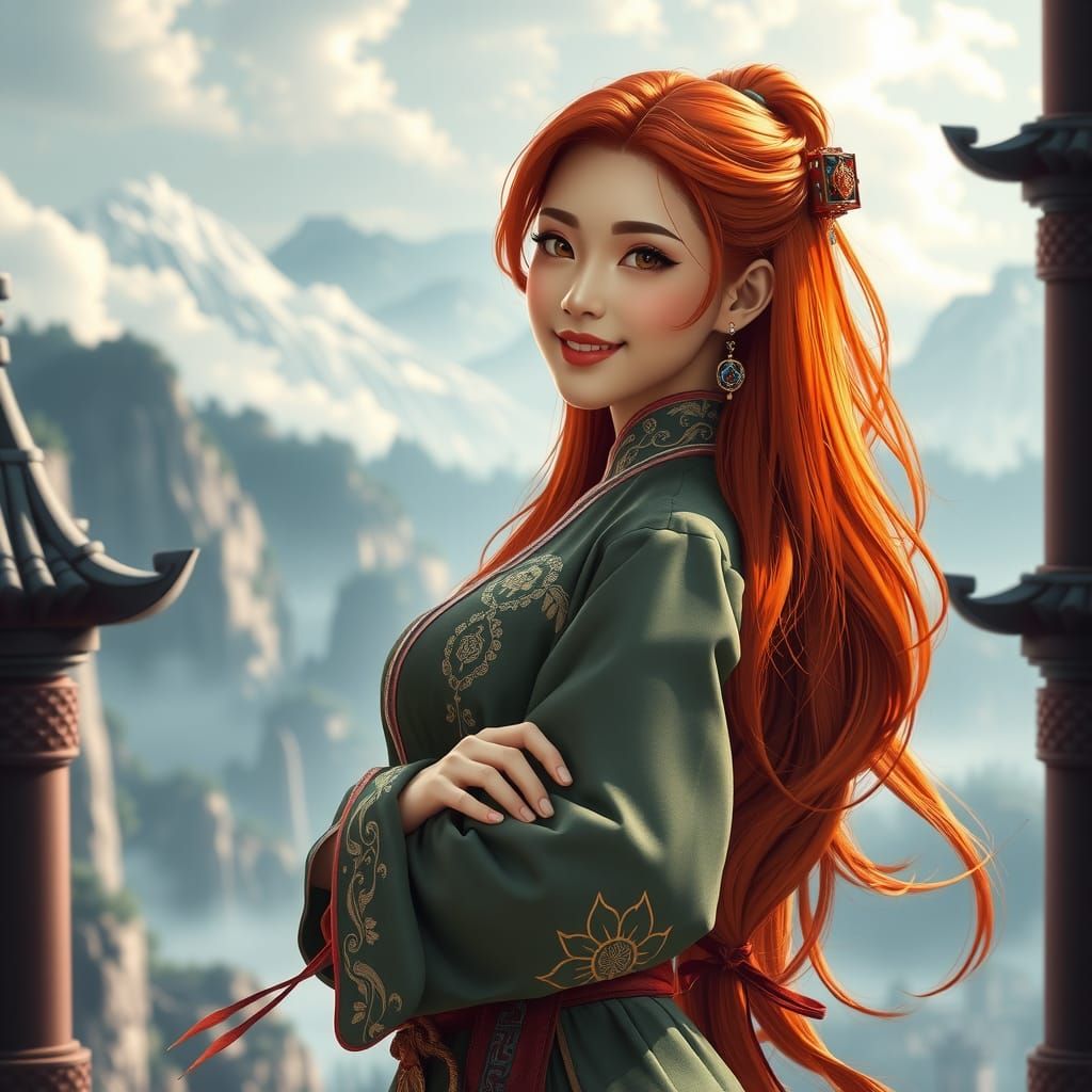 Chinese Woman with Red Hair in Detailed Digital Art