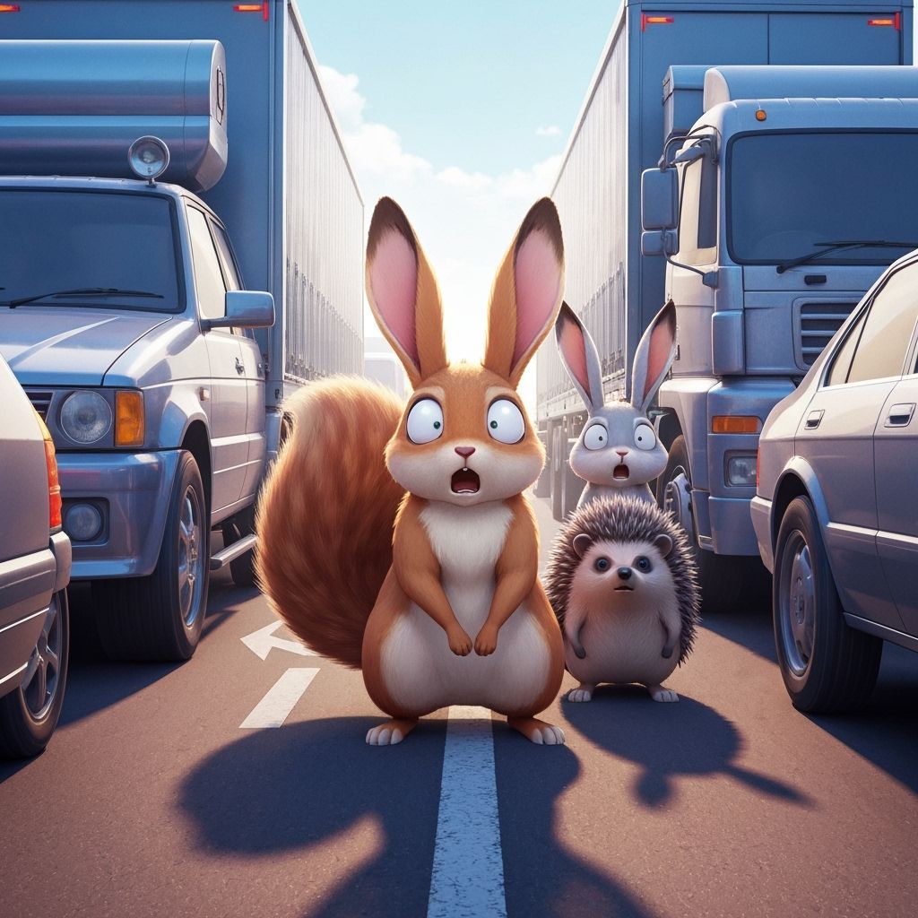 Frightened Woodland Animals on Busy Road in Anime Style