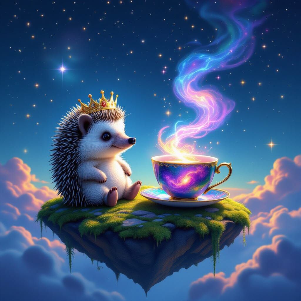 Surreal Hedgehog Contemplates Cosmic Teacup