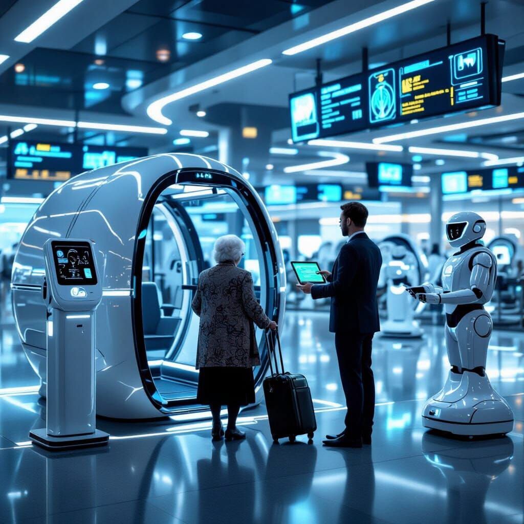 Futuristic Airport Terminal Scene with Neon Accents