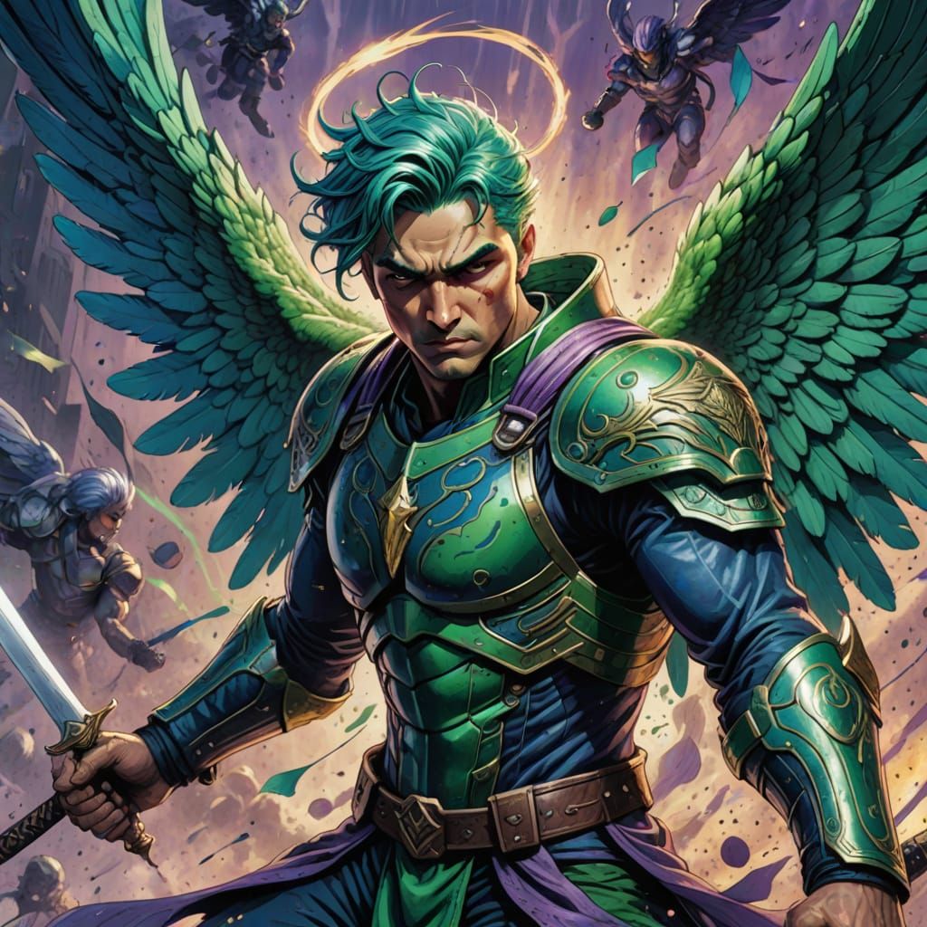 Hyperrealistic Concept Art of a Green Haired Warrior Angel