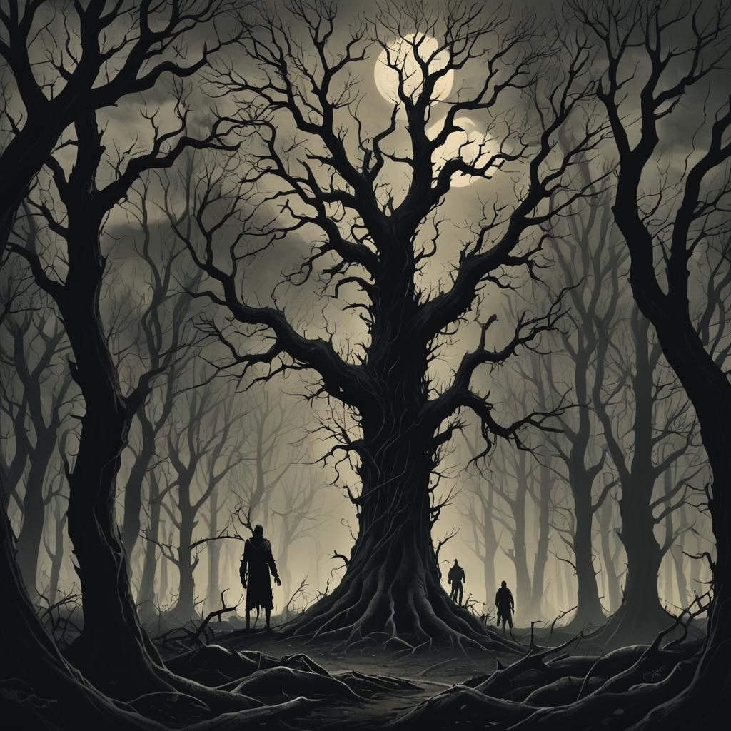 Ominous Figure in Dark Forest Horror Art