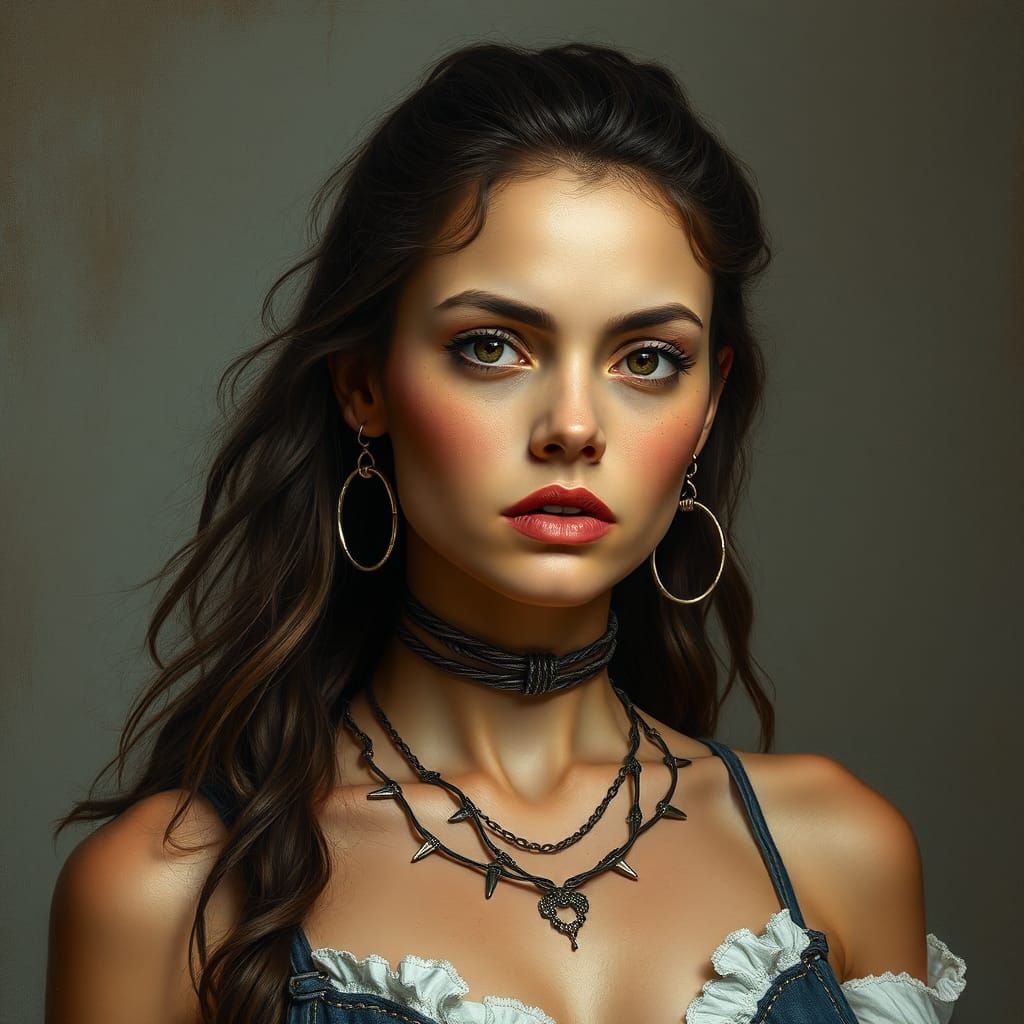 Hyperrealistic Portrait of Woman with Barbwire Jewelry