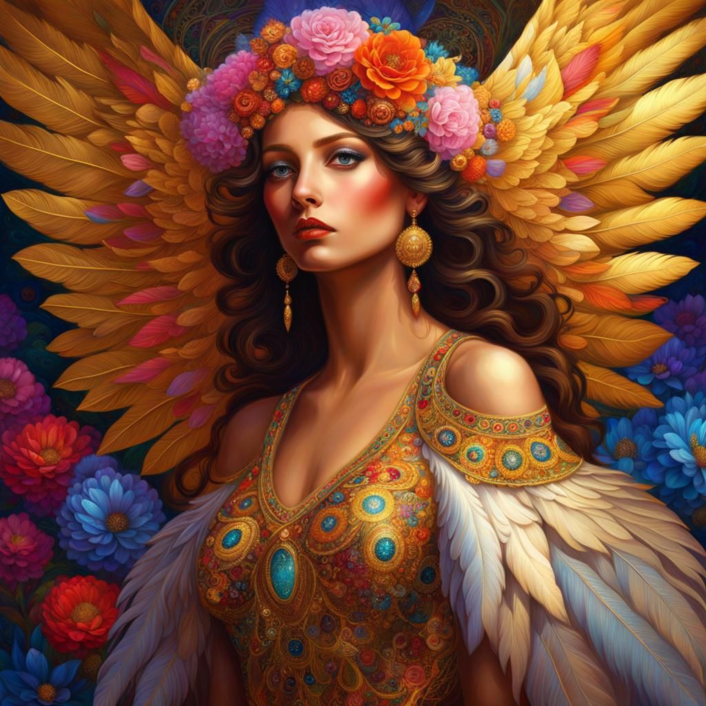 Maximalist Angel with Colorful Feather Wings