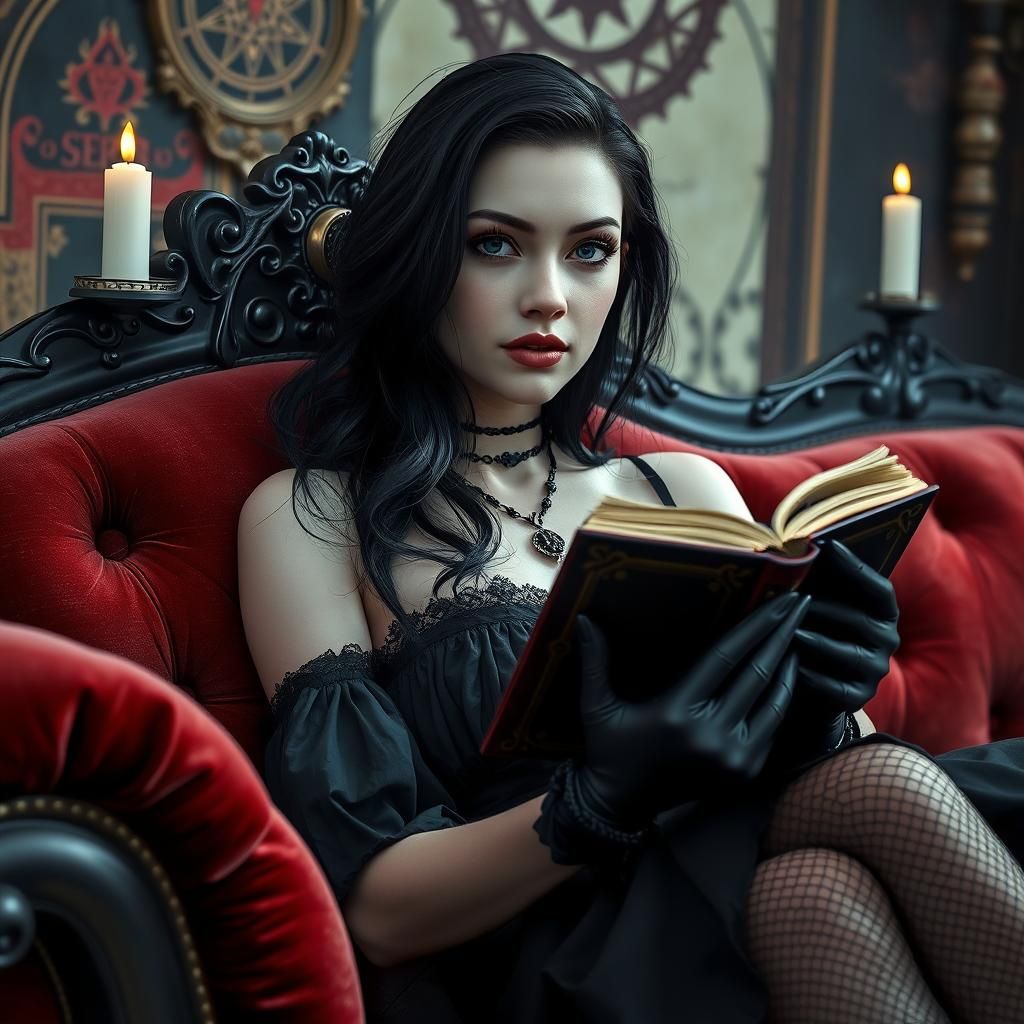 Mystical Goth Woman Reading Tome in Surreal Setting