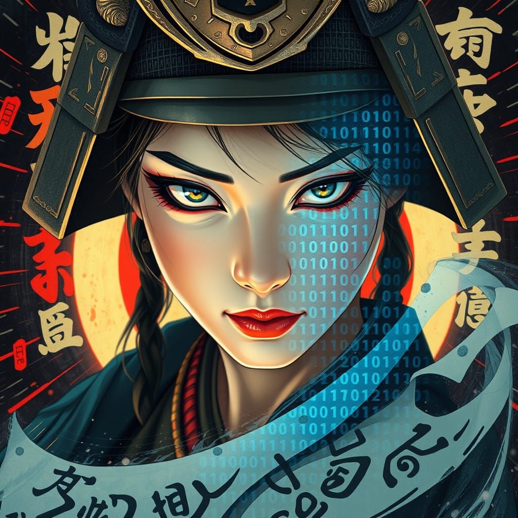 Female Samurai Dissolving into Binary Code, Cyberpunk Style