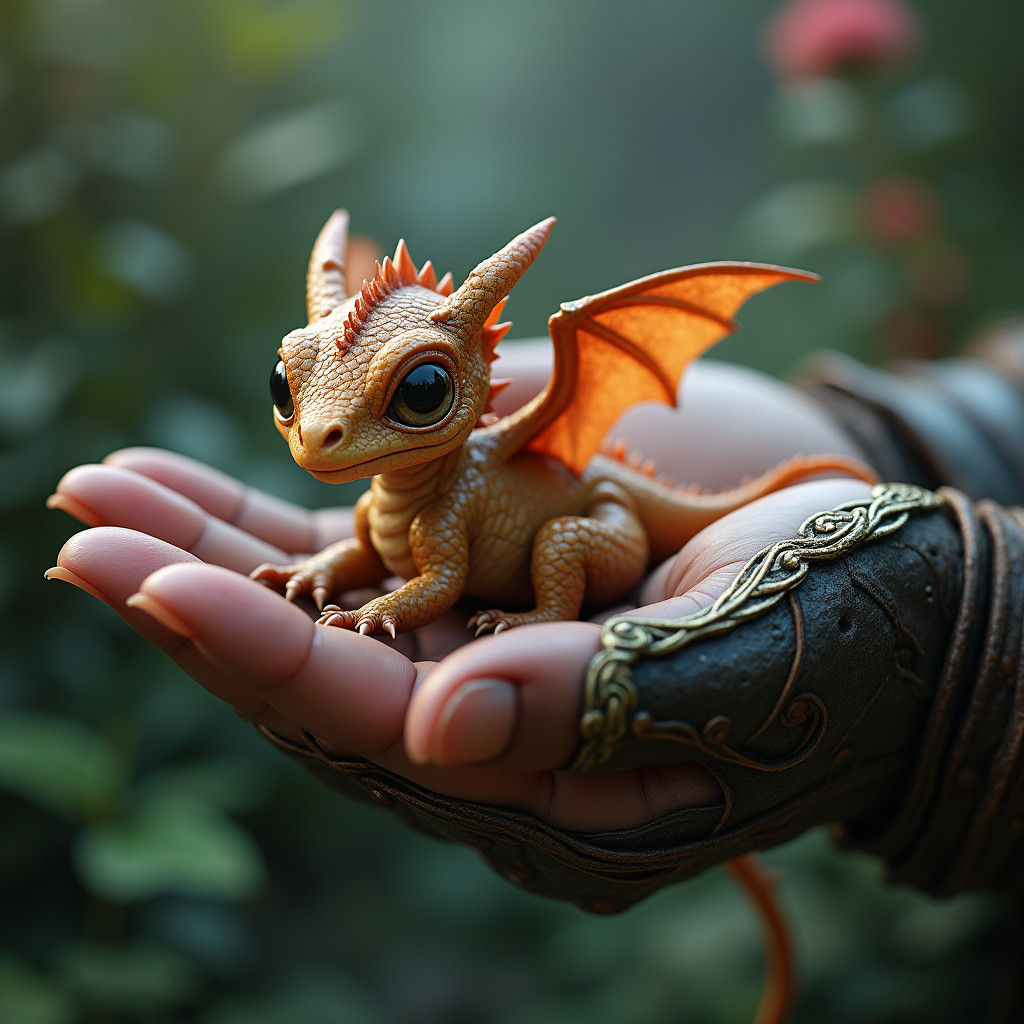Baby Dragon in Hand, High-Fantasy Matte Painting